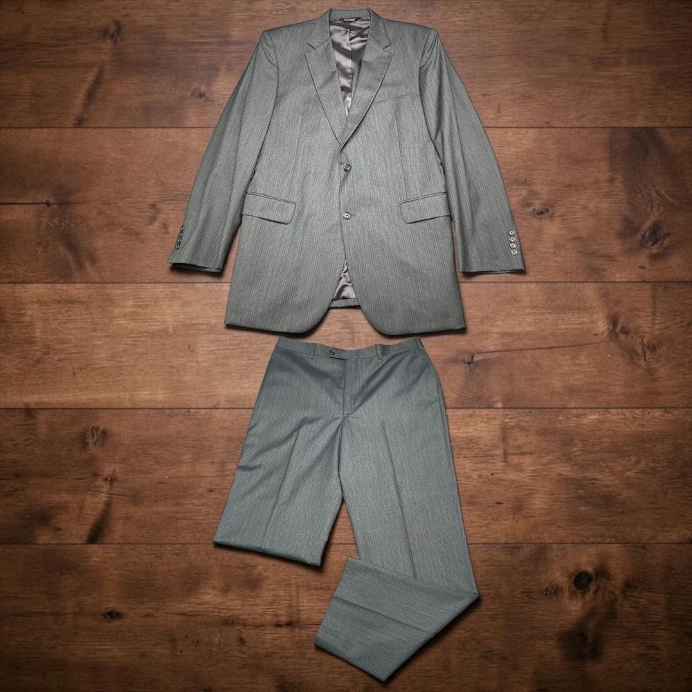 Jos A Bank Mens Suit 44L 2Pcs W38xL33 100% Wool Grey Pinstripe Business Formals